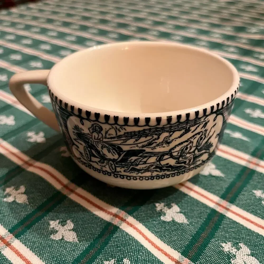 Set of Four Currier & Ives Coffee Cups Horse Buggy Cups Cup Mug Blue Royal China